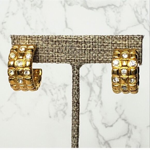 AVON Goldtone & Crystal Checkerboard Huggie Hoop Earrings - Picture 1 of 8